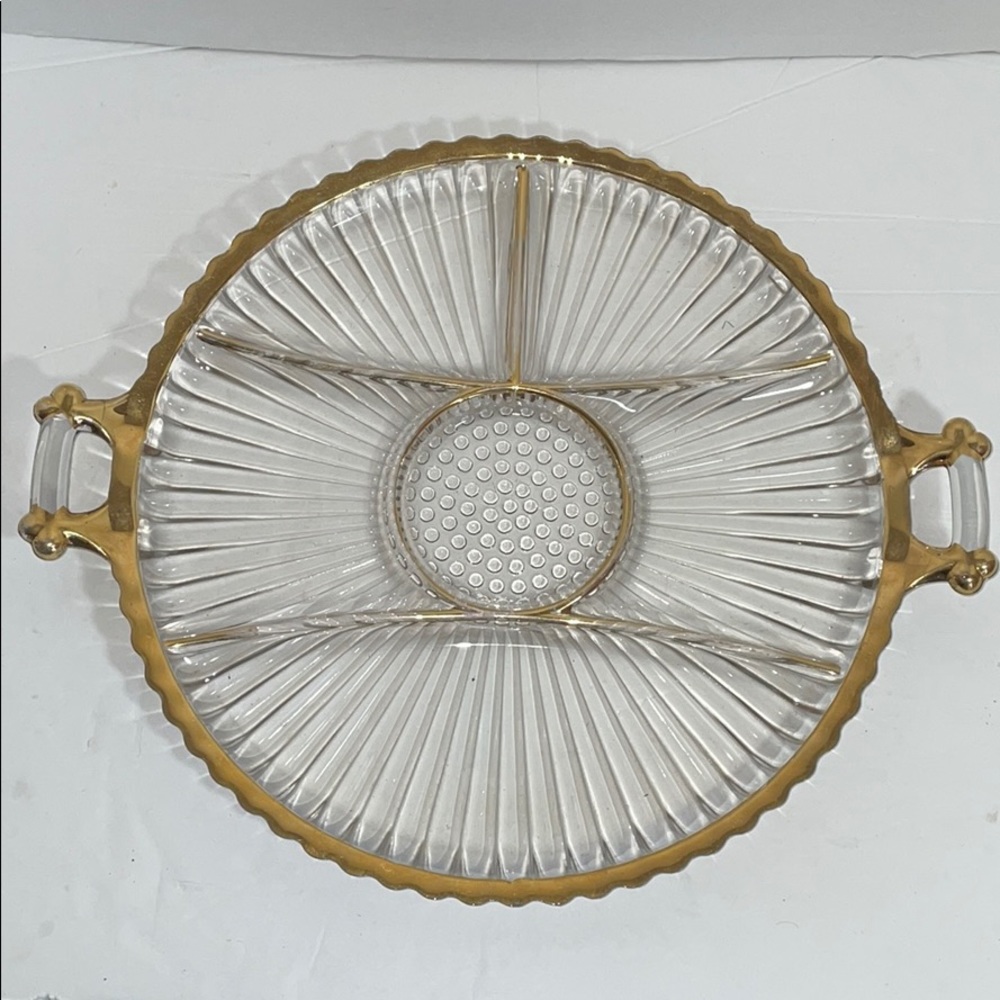 Jeanette Gold Trim Glass Serving Plate Relish Dish w/ Handles